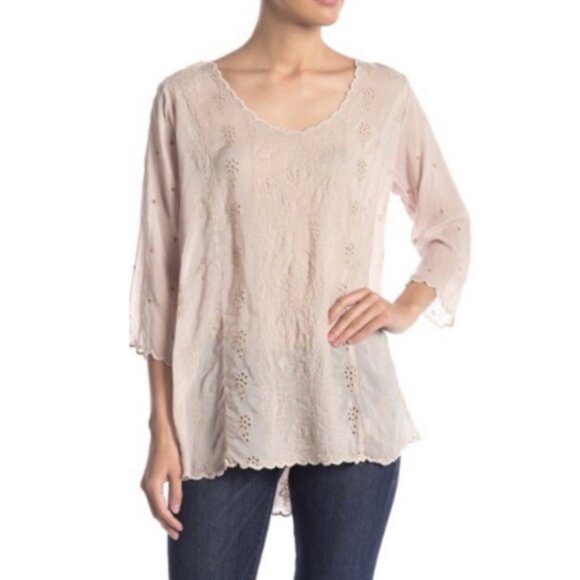 Johnny Was Sz. XL Embroidered Scalloped Ridden Blouse in Blush Boho Lagenlook - Picture 1 of 16
